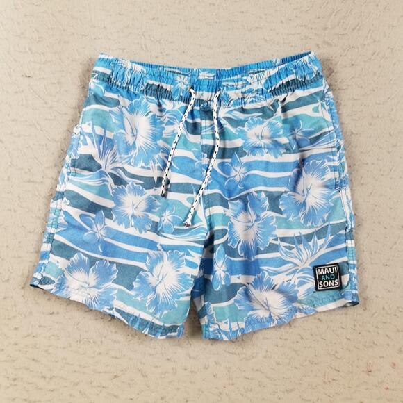 Maui and Sons Swim Trunks Mens Small Blue Hibiscus Floral Mesh Lined Drawstring - Picture 1 of 15